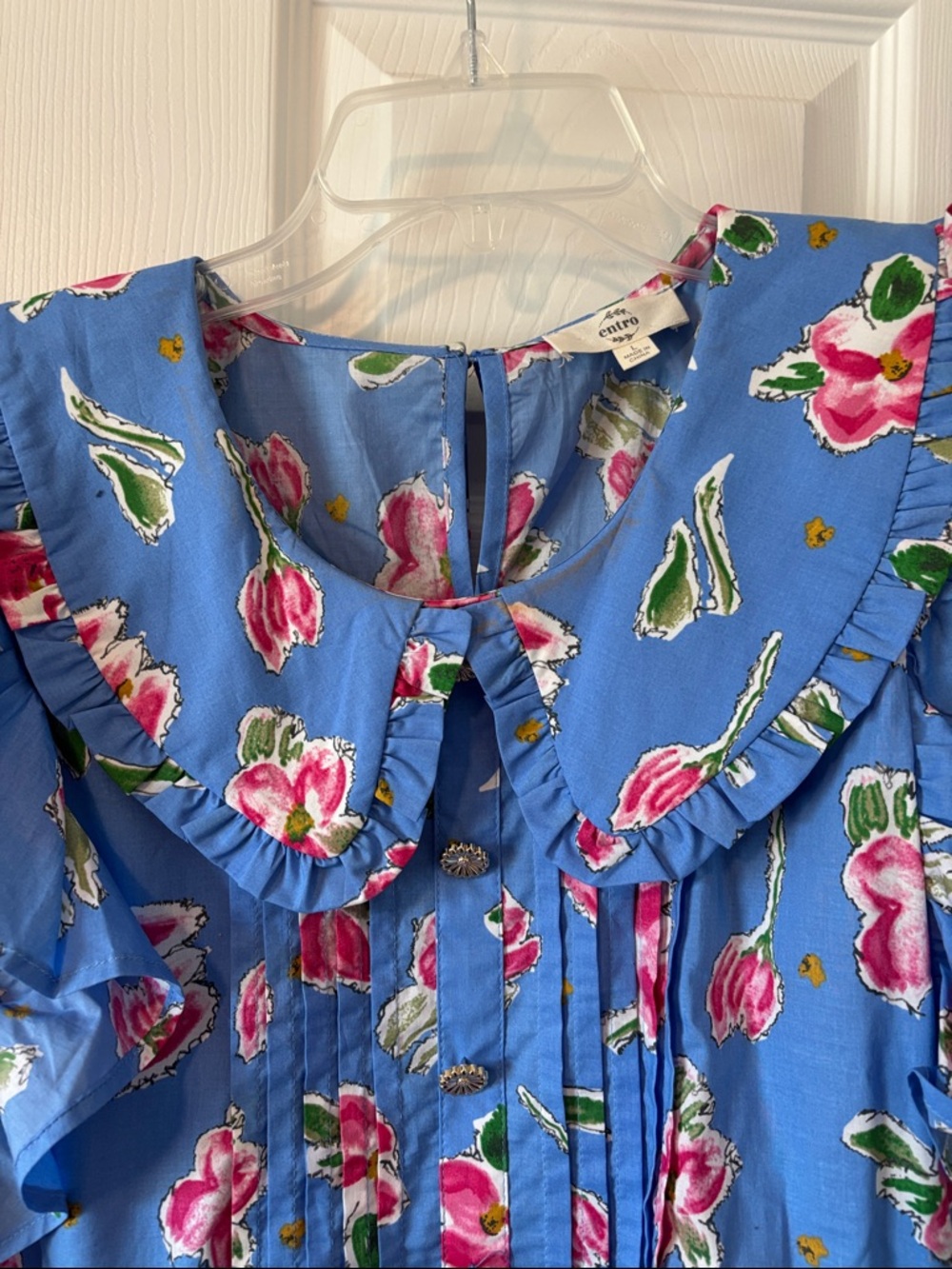 entro Blue Floral Ruffle Top with Pink and Green Accents - Picture 4 of 5